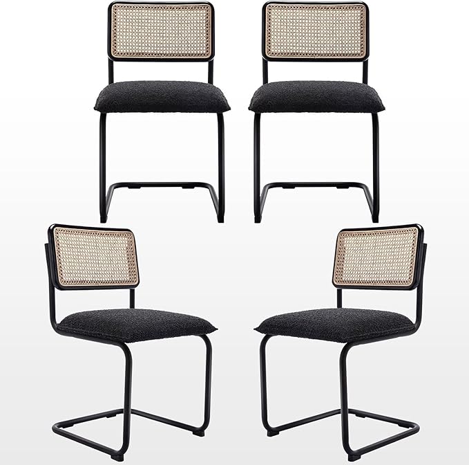 Zesthouse Natural Rattan Dining Chairs Set of 4, Modern Kitchen Chairs with Solid Wood Back for Dining Room Living Room, Mid Century Breuer Design Inspired, Upholstered Boule Fabric, Black