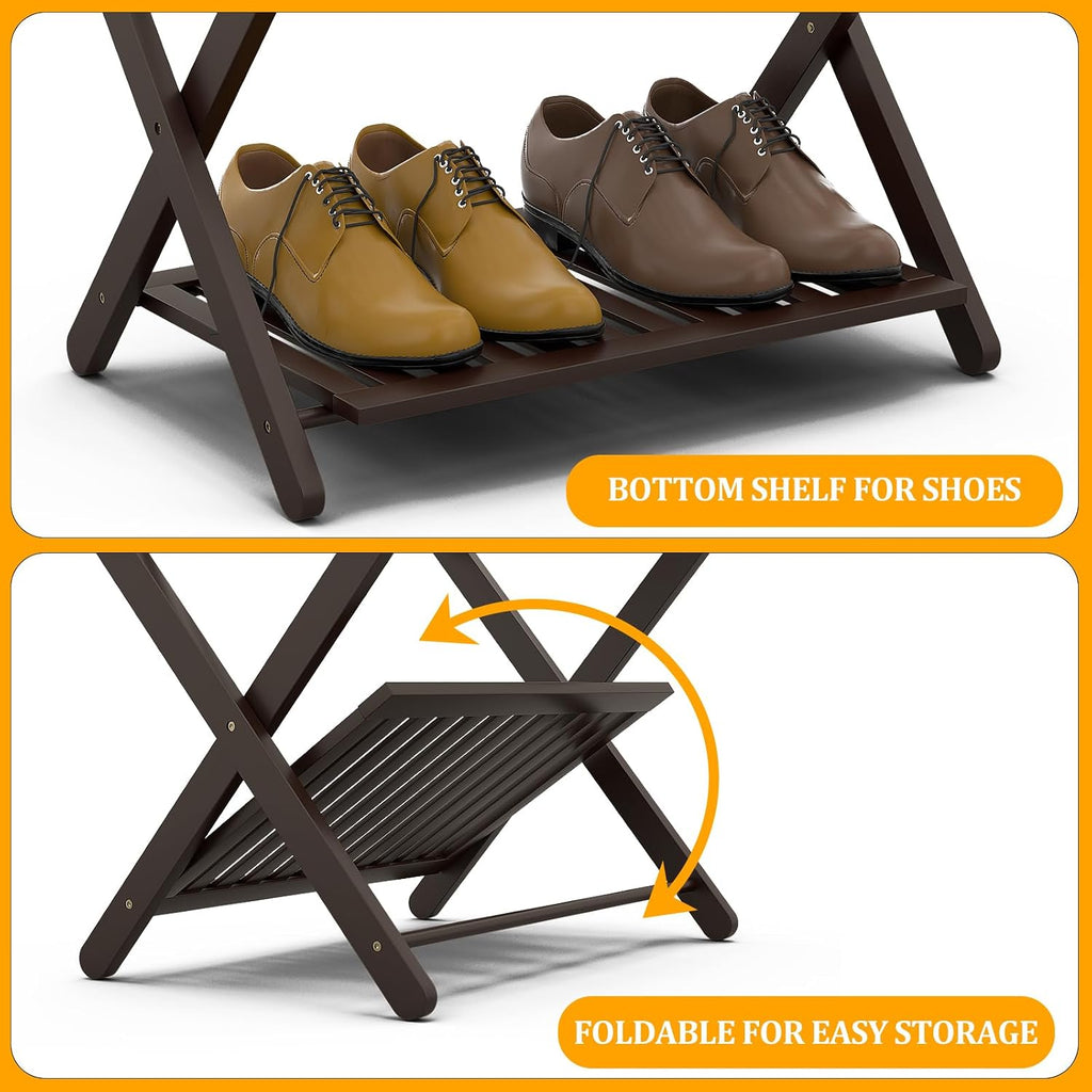 Bamboo Luggage Racks Set of 2, Fully Assembled Luggage Rack for Guest Room, Folding Suitcase Stand with Shoe Shelf, Heavy Duty Luggage Holder for Suitcases, Dark Brown