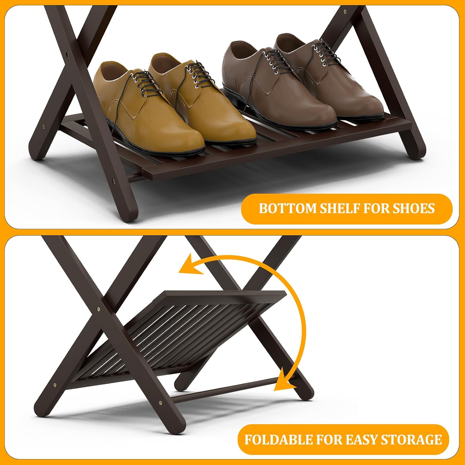 Bamboo Luggage Racks Set of 2, Fully Assembled Luggage Rack for Guest Room, Folding Suitcase Stand with Shoe Shelf, Heavy Duty Luggage Holder for Suitcases, Dark Brown