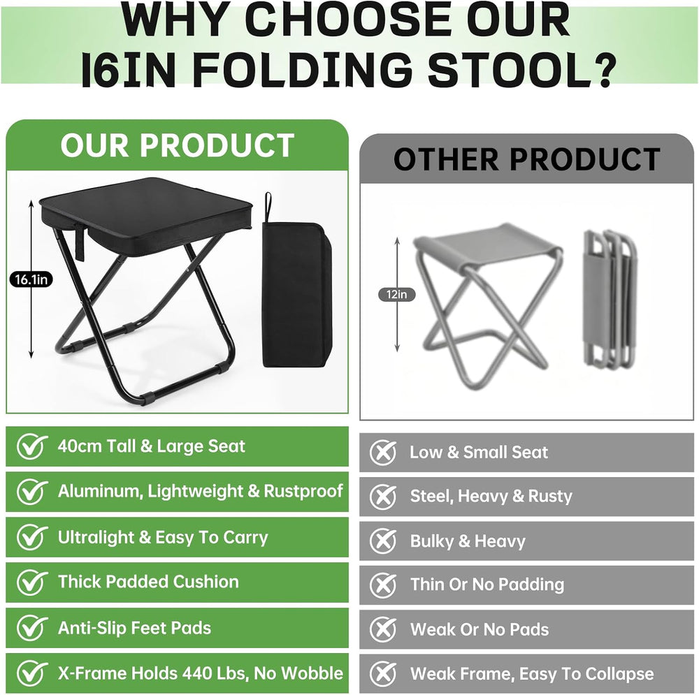 16" Extra Tall Portable Folding Stool for Adults, Lightweight Aluminum