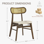 Wooden Dining Chairs Set of 6, Upholstered Modern Dining Room Chairs, Mid Century Oak Wood Kitchen Chairs with Rattan Backrest for Farmhouse, Kitchen, Restaurant (Cream Fabric & Walnut Color)