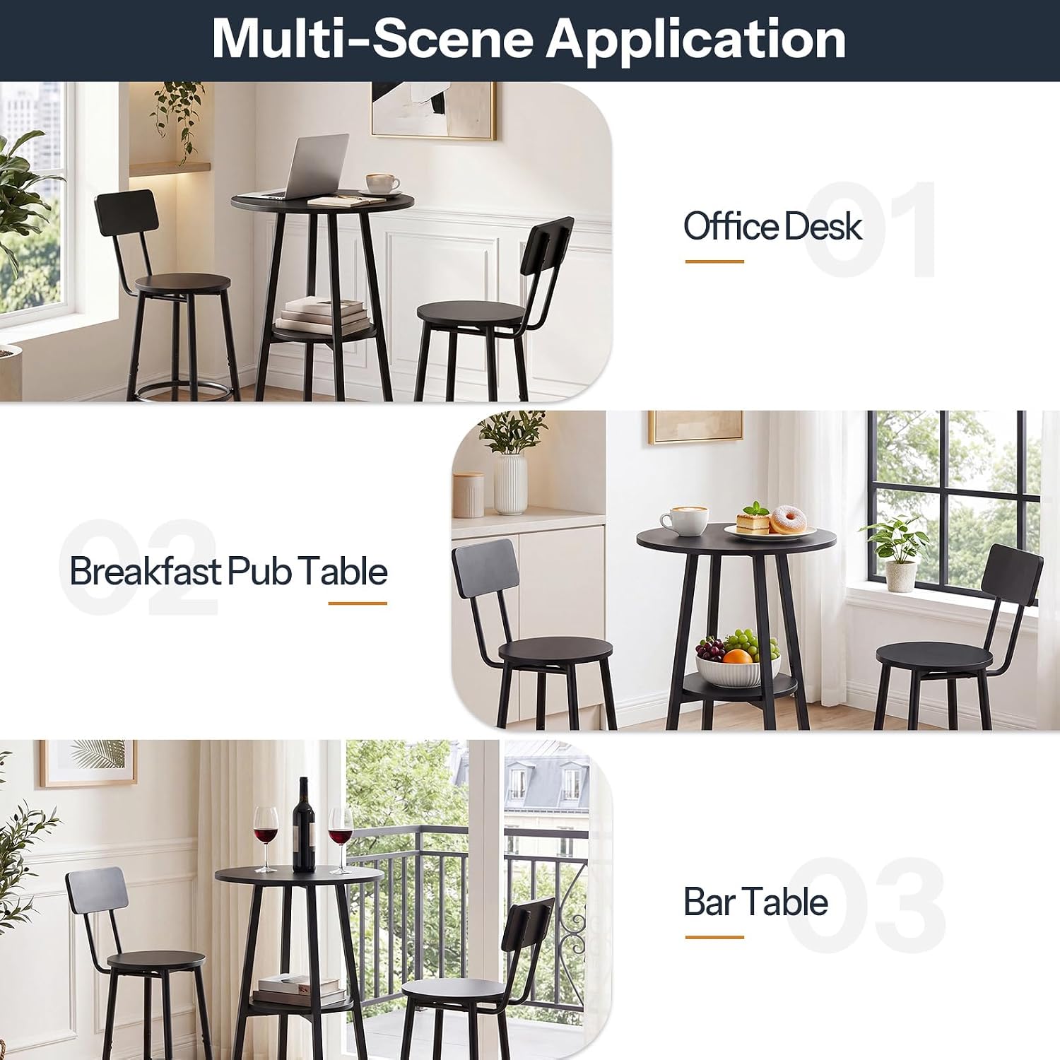 HOOBRO 3 Pieces Round Bar Height Table and Chairs Set, Round Dining Table Set, Pub Table and Chairs for Small Space, 2 Tier Kitchen Table and Bar Stools with Back, Black BB35BT01