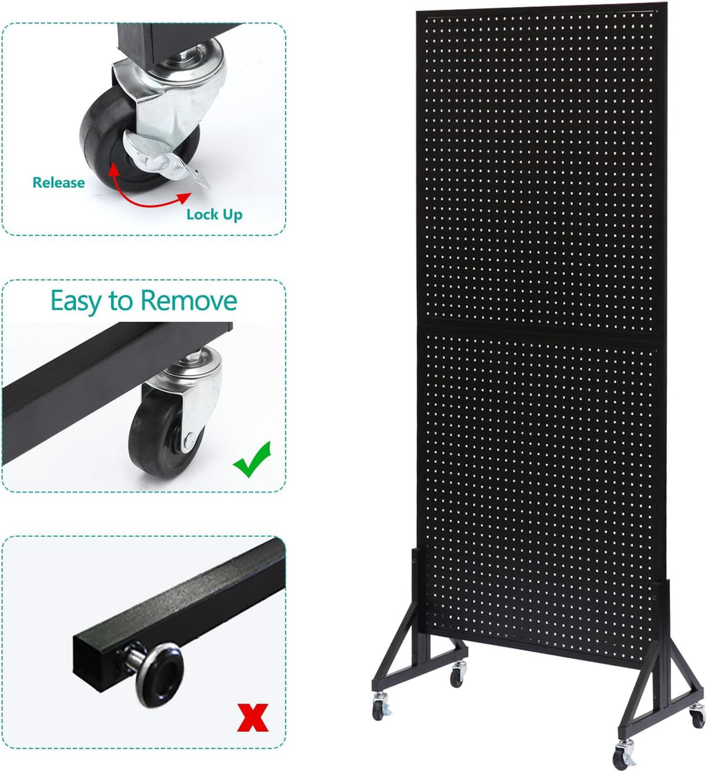 Eastern Tree 2.5'x 6' Metal Pegboard Display Stand with T-Base, Black Peg Board Panels Display with Casters, Standing Pegboard Display, Retail Display Stand, Extra 10 Pieces Hooks, Black