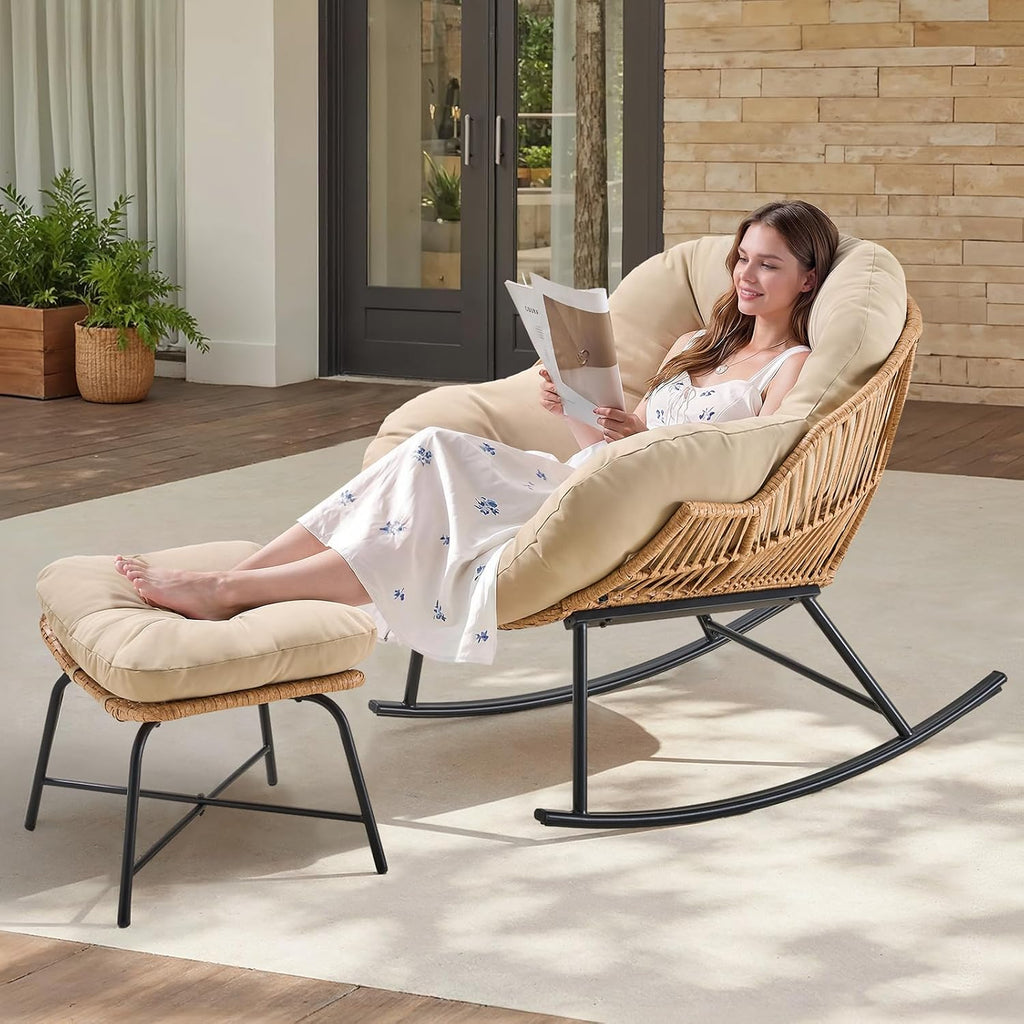 ONBRILL Papasan Rocking Chair with Ottoman, Oversized Papasan Chair, Beige | Indoor & Outdoor Rocker Chair with Padded Cushion for Living Room, Patio, Garden