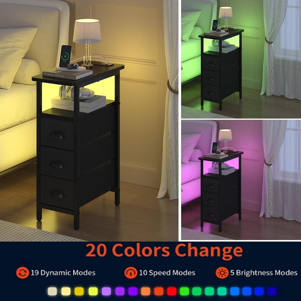 shtmec Narrow End Table Set of 2 with Charging Station, LED Side Tables Set 2...