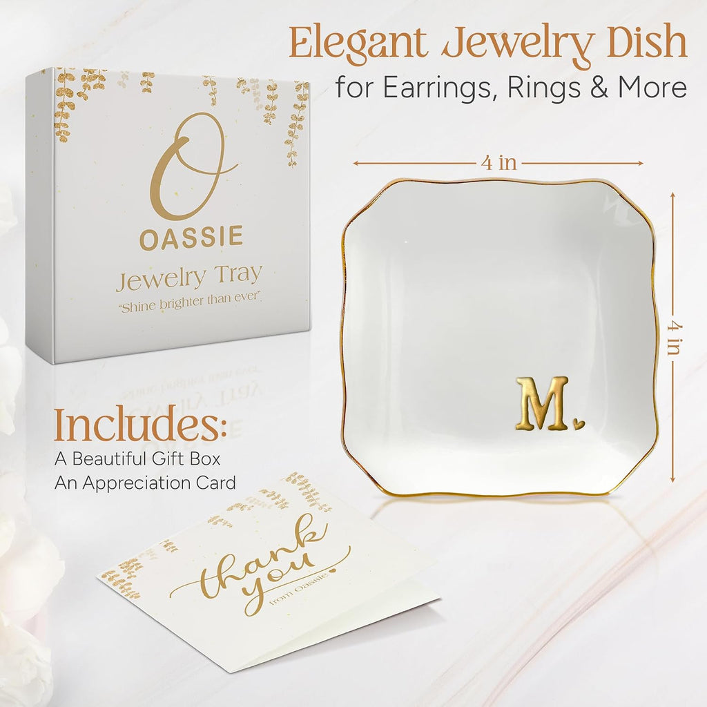 Bridal Shower Gifts for Women - 4"x4" Jewelry Dish Tray Letter M | Wedding Gifts, Engagement Gift, Initials Ceramic Personalized Ring for Women, Dish Gold Trim Design, Desk Vanity Decor