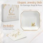 Bridal Shower Gifts for Women - 4"x4" Jewelry Dish Tray Letter M | Wedding Gifts, Engagement Gift, Initials Ceramic Personalized Ring for Women, Dish Gold Trim Design, Desk Vanity Decor