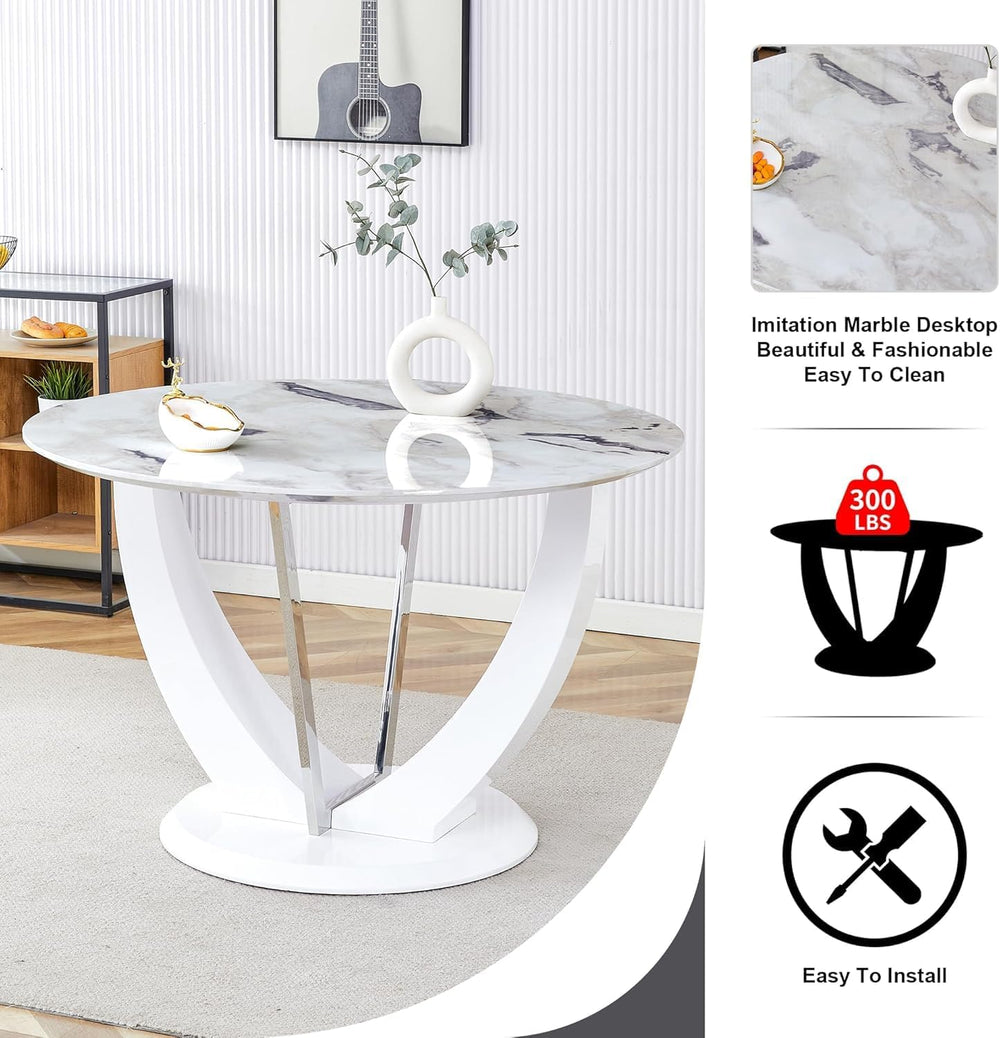 47" White Round Glass Dining Table Set 4 | Marble Pattern Kitchen Table ...