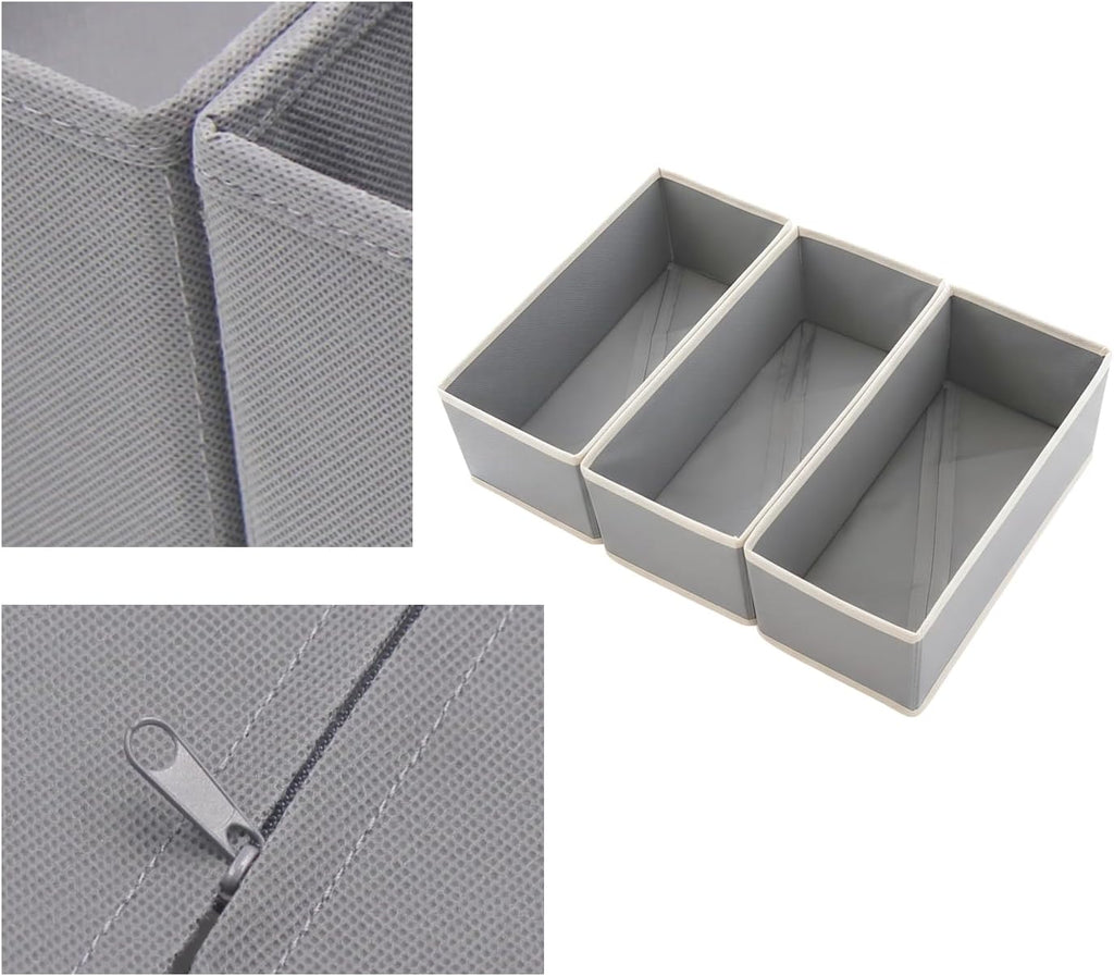 Sock Drawer Organizer 3-Pack Light Gray - Small Storage Bins for Underwear Clothes, Foldable & Removeable Fabric Dividers for Closet