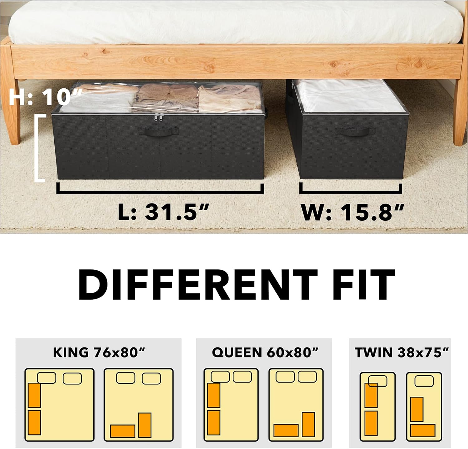 SpaceAid 2 Pack 10" High Under Bed Storage Containers, Large Underbed Storage Organizer Bins with Lids for Bedroom, Dorm, Clothes, Closet Organization, Bed Sheets and Blankets (Black)