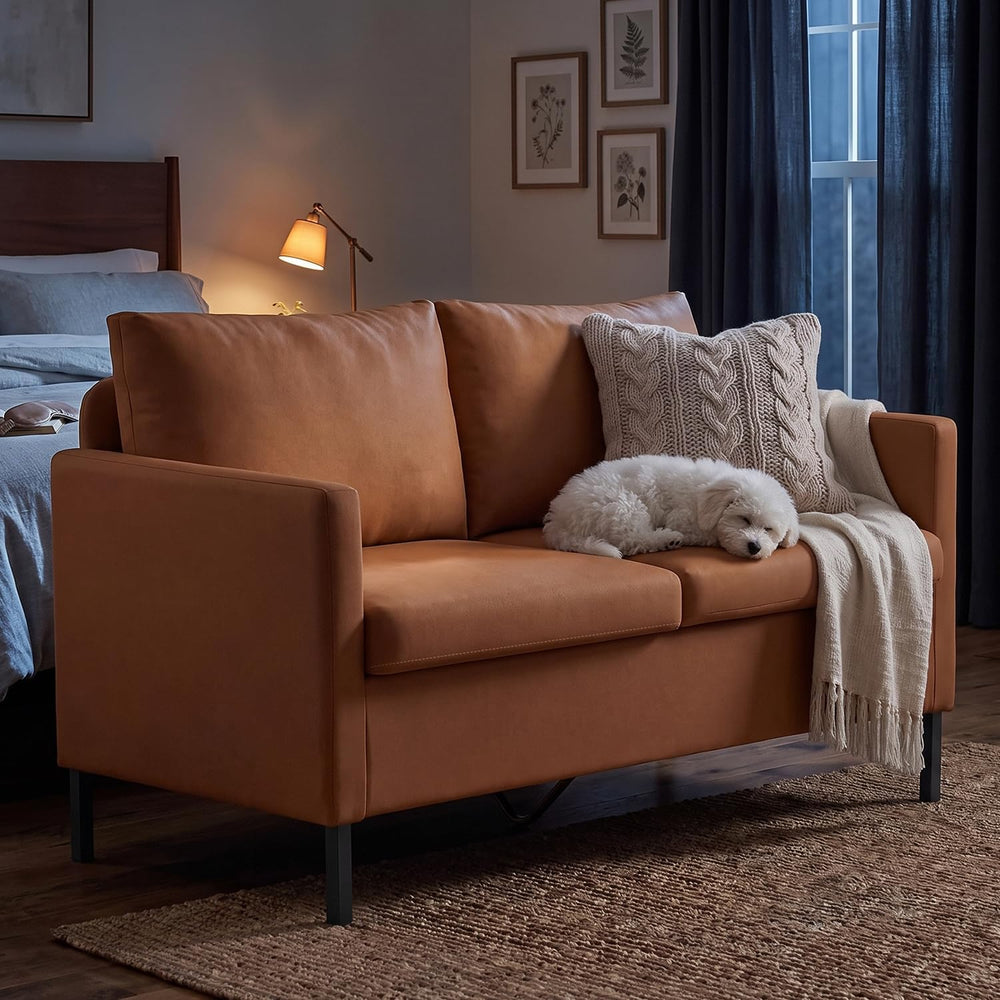 TYBOATLE Brown Faux Leather Small Couch Loveseat, 2-Seater Sofa