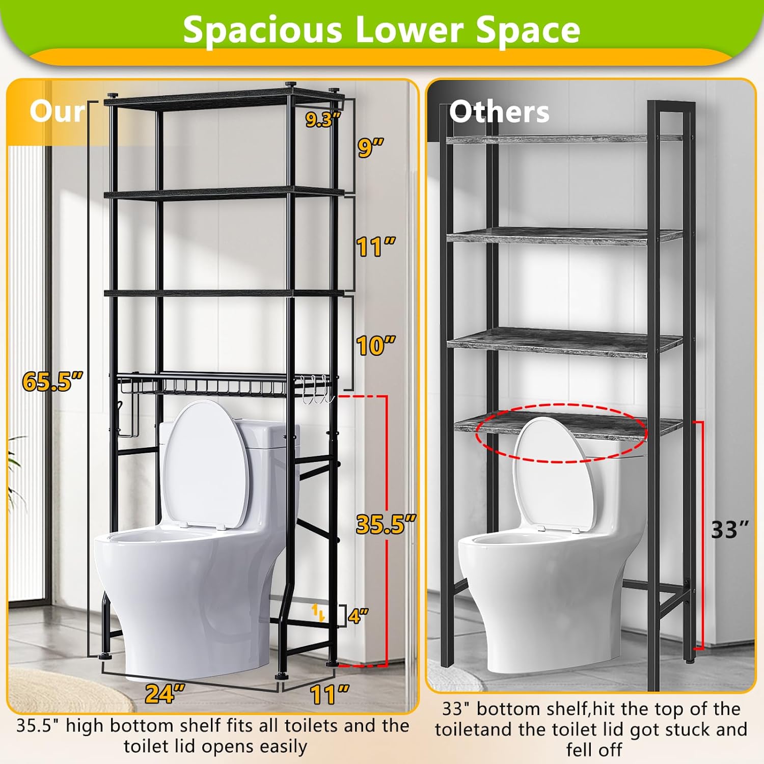 Over-The-Toilet Storage Rack, 4-Tier Bathroom Organizer Shelf Over Toilet with Adjustable Shelf and Basket, Freestanding Space Saver Bathroom Shelves Above Toilet for Room (Black)
