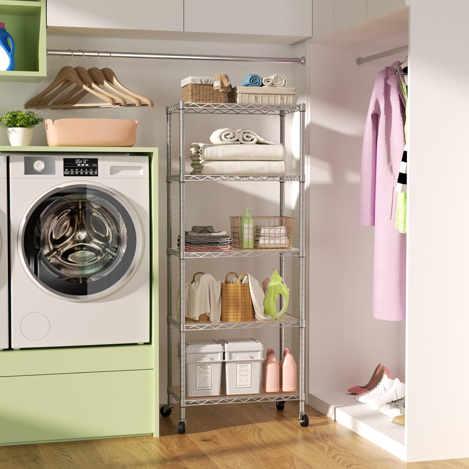 SINGAYE 5 Shelves Storage Shelf Wire Closet Bathroom Organizers Metal Pantry Kitchen Garage Shelving Unit Laundry Room Organization Home Rack Net Basket White with Wheels