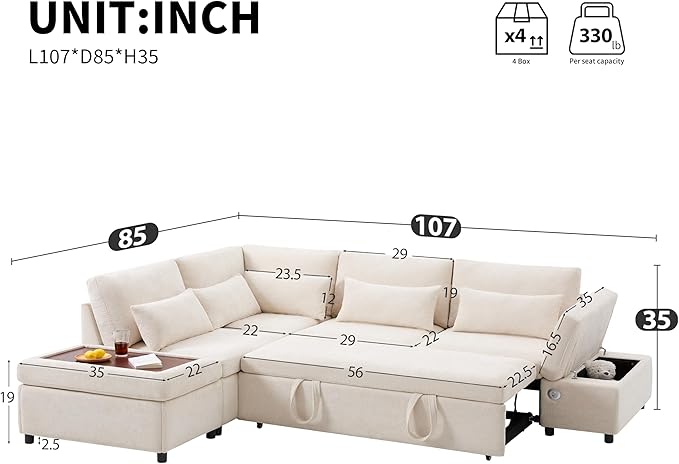 Ball & Cast Modular Convertible L-Shaped Sectional Sleeper Sofa Bed Pull Out Couch with Moveable Storage Ottoman,Oversized Chenille Pull-Out Sofa Bed W/Reclining Armrest&USB Port,for Living Room,Beige