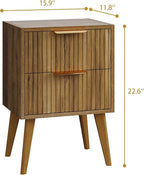 Fluted Nightstand with 2 Drawers,Modern Bedside Table with Metal Handles,White Side Table with Solid Wood Legs,Mid Century End Table for Living Room,Bedroom,Caramel Oak CTG55BR