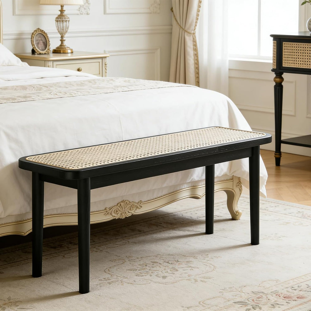 39 Inch Black Skinny Bench with Handwoven Rattan - Dining Bench, Solid Oak Fr...