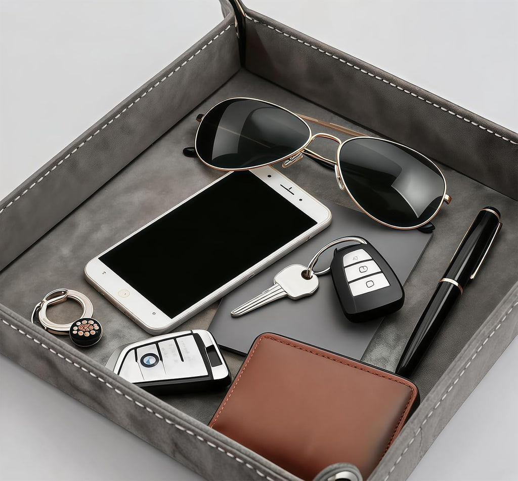 Valet Tray Desktop Storage Organizer – Vegan Leather Catchall Bedside Vanity Tray Nightstand Caddy Holder for Remote Controller, Watch, Keys, Phone, Wallet, Coin, Jewelry, Stone Gray