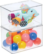 mDesign Set of 2 Storage Boxes with Lids – Stackable Plastic Storage Boxes for Nursery – Practical Plastic Toy Box Set – Clear