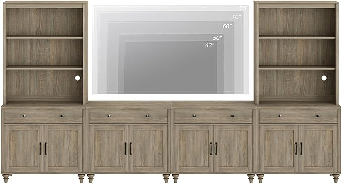 WAMPAT Entertainment Center with Bookshelves for TVs up to 75", Farmhouse Wall Unit TV Stand with 8 Doors & 4 Drawer, Media Console Table for Living Room, Bedroom & Home Theater, Wash Grey