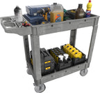 2 Tier Plastic Rolling Cart Utility Cart on Wheels, Heavy Duty Tool Carts with Ergonomic Storage Handle and Deep Shelfs, Work Carts Service Cart for Garage, Warehouse, Workshop, Office, Cleaning