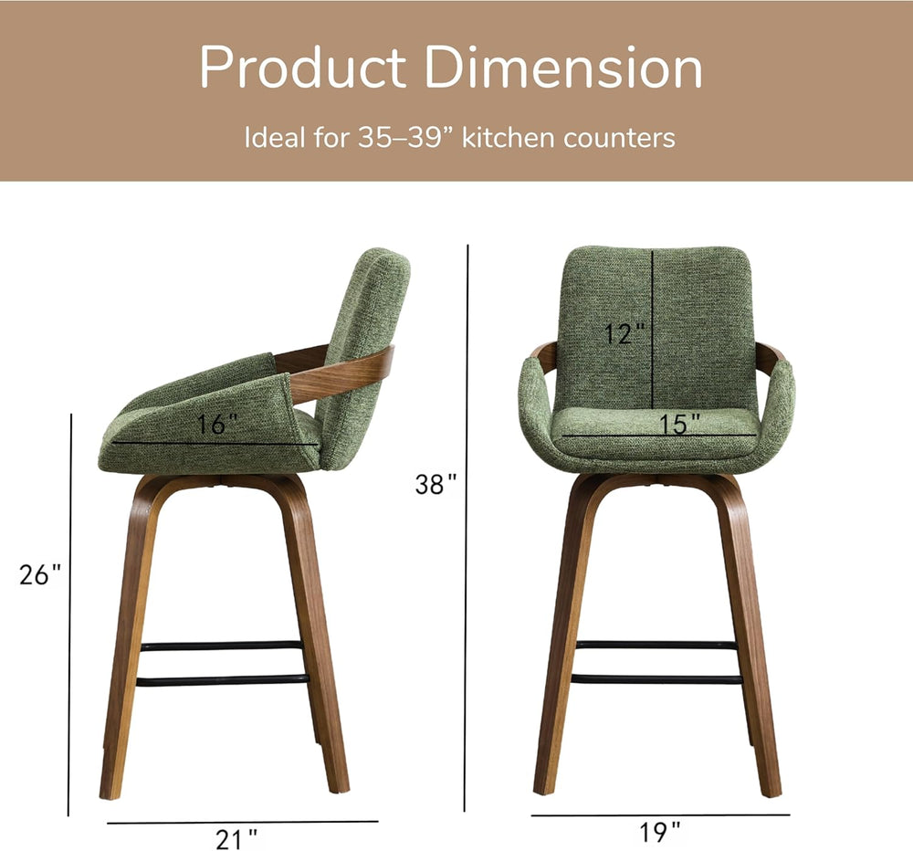 26" Swivel Counter Height Bar Stools Set of 3, Moss Green | Walnut Bentw...