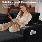 60" Oversized Chaise Lounge Chair with Wood Frame, USB Charging Port, Black | Comfy Plush Faux Fur, 2 Cup Holders & 3 Throw Pillows, Upholstered Sofa Bed for Living Room, Movie Room