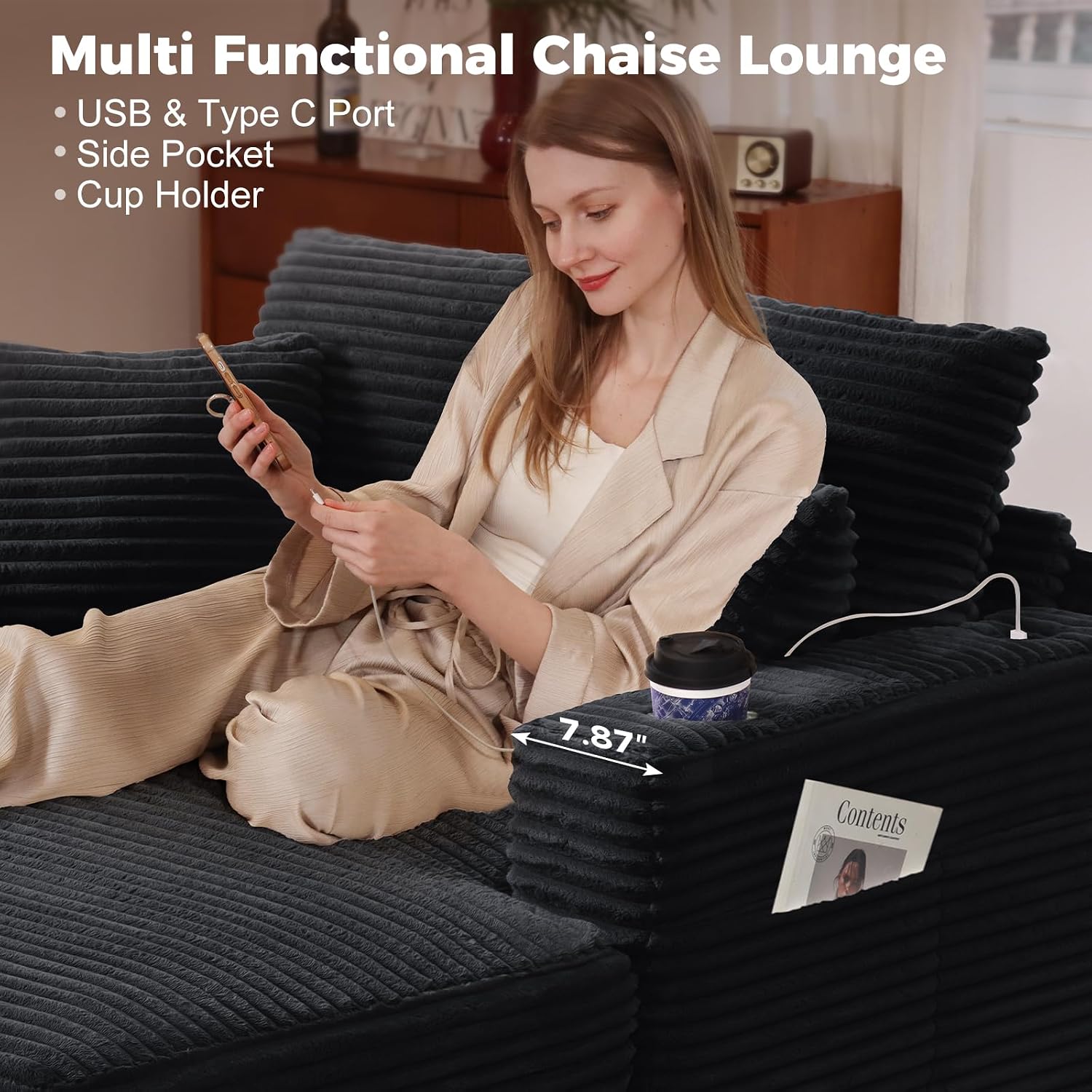 60" Oversized Chaise Lounge Chair with Wood Frame, USB Charging Port, Black | Comfy Plush Faux Fur, 2 Cup Holders & 3 Throw Pillows, Upholstered Sofa Bed for Living Room, Movie Room