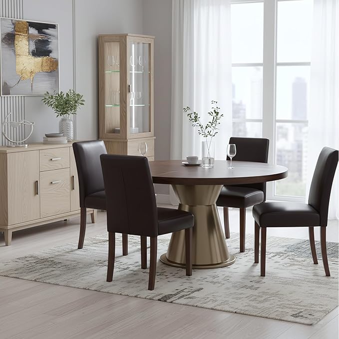 Dining Chairs Set of 4, Modern Dining Room Chairs with Wooden Legs, Faux Leather Upholstered Kitchen Farmhouse Parsons Chairs for Restaurant & Cafe- Dark Brown