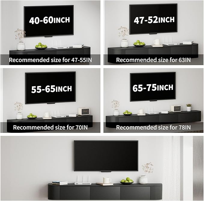 SHGJ&SOFT Floating TV Stand Wall Mounted Media Console with Door Entertainment Centerwith Storage Cabinets, Wall Mounted TV Shelf for Bedroom,Living Room (Black, 55.1IN)