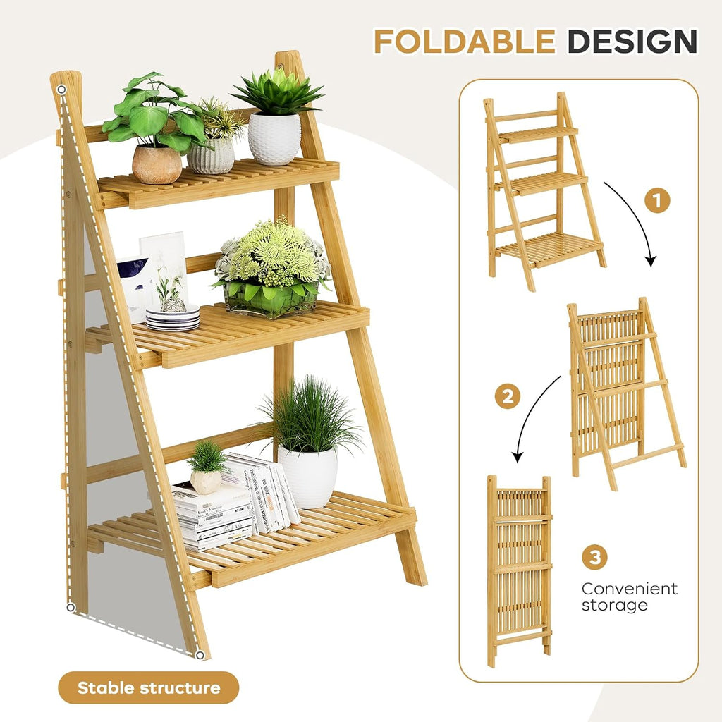 Foldable Ladder Shelf 39.4", Plant Shelf 3 Tier, Bamboo Ladder Flower Pot Display Shelf, Freestanding Ladder Bookshelf for Living Room, Balcony, Yard, Garden, 23.6"W x 15"D x 39.4"H, Natural