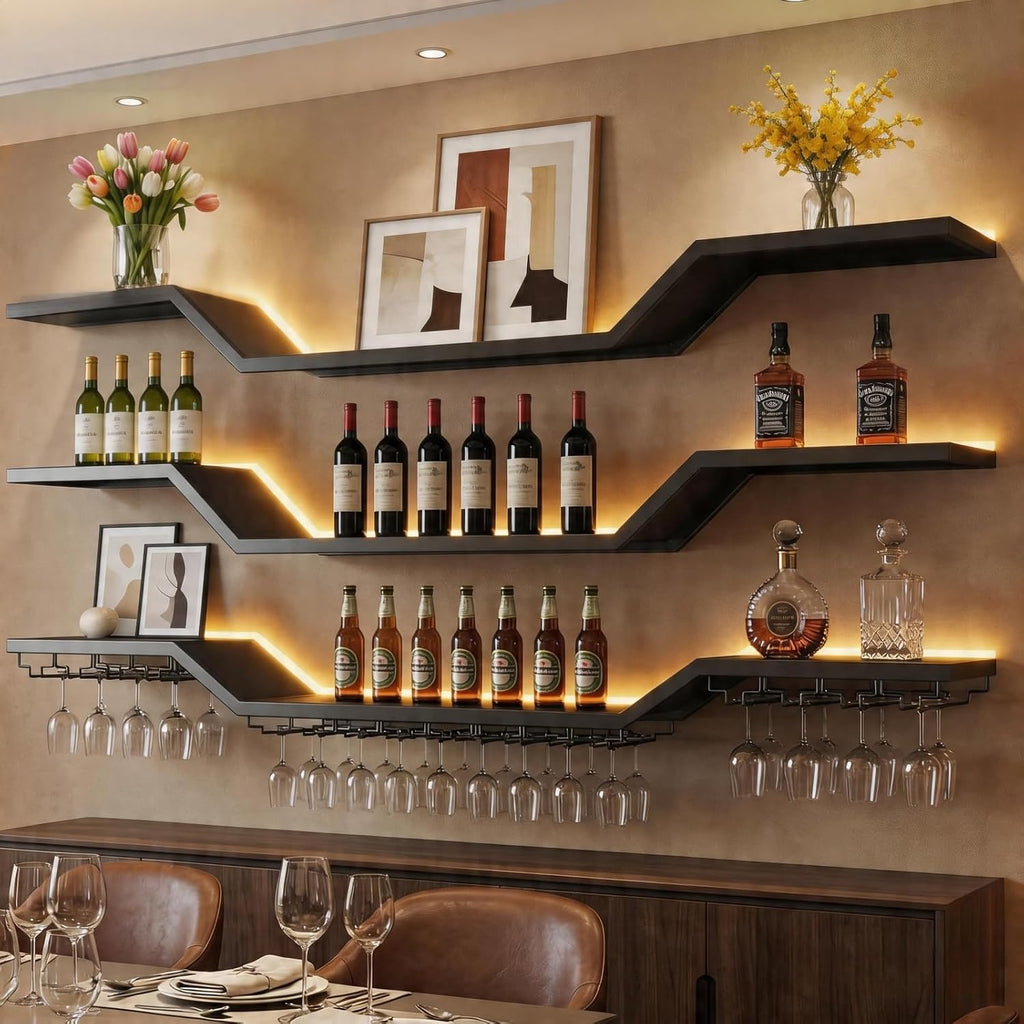 63" Wall Mounted LED Wine Rack, 3-Tier Floating Bar Shelves, Large Liquor Shelf with Wine Glass Rack, Large Bar Rack Wall Mounted for Liquor Bottles, Home Bar, Dining Room or Cafe, Black