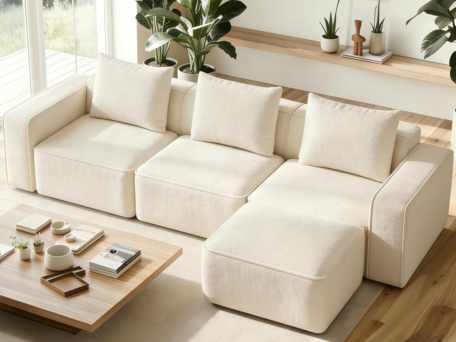 Welzona 103" Modular Sectional Sofa, Minimalist Comfy Cloud Couch Sectional, Tool-Free Setup Couches for Living Room, Wood Frame l Shaped Couch with Ottoman, 22" Deep Seat Chenille Cloud Sofa