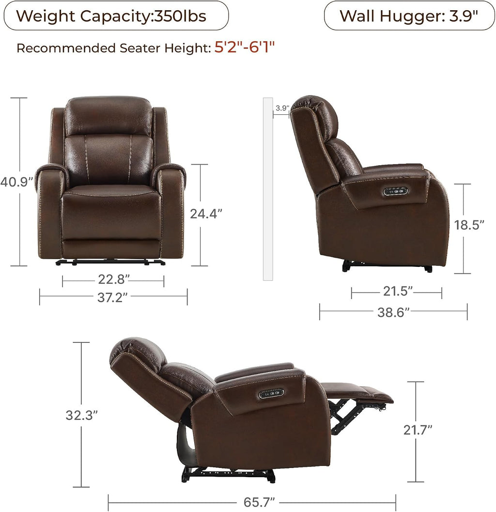CHITA Wall Hugger Genuine Leather Power Recliner Chair, Dark Brown | Adjustable Power Headrest, USB & Type-C Ports, Compact Electric Recliner for Small Spaces & Living Rooms & RV