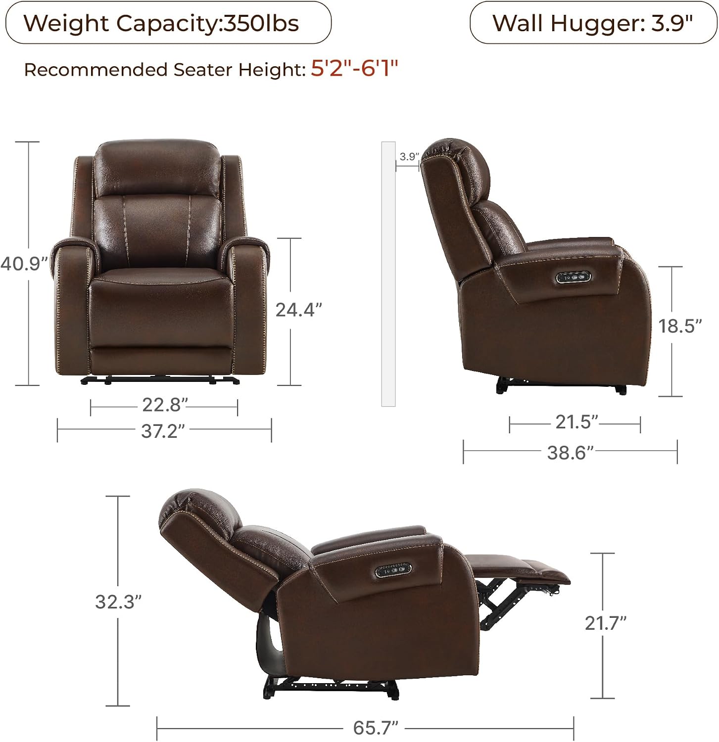 CHITA Wall Hugger Genuine Leather Power Recliner Chair, Dark Brown | Adjustable Power Headrest, USB & Type-C Ports, Compact Electric Recliner for Small Spaces & Living Rooms & RV