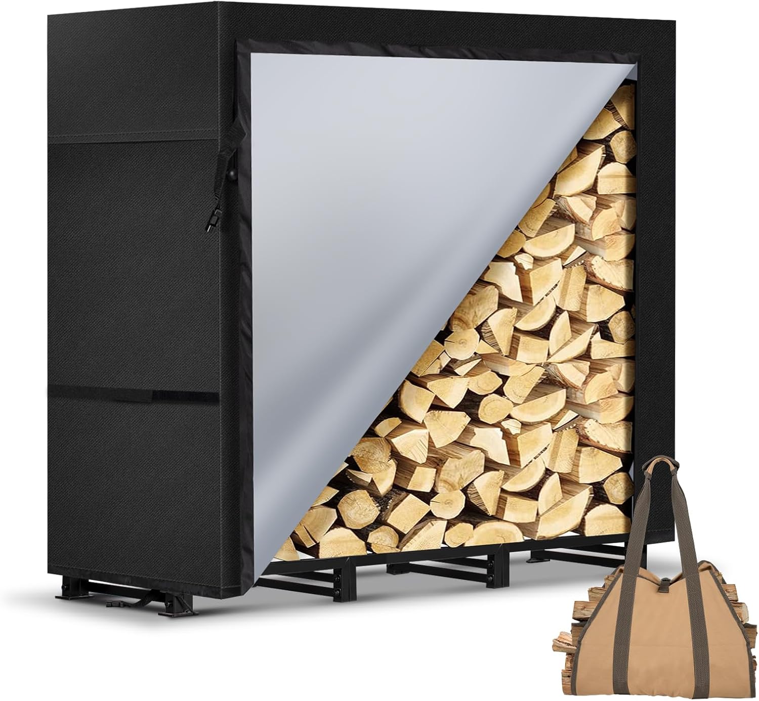 4ft Firewood Rack Outdoor with Waterproof Widened Cover, Heavy Duty Firewood Holder includes Carrier Bag, Powder-coated Wood Rack with Hooks, Firewood Storage Rack for Fireplace Deck Patio