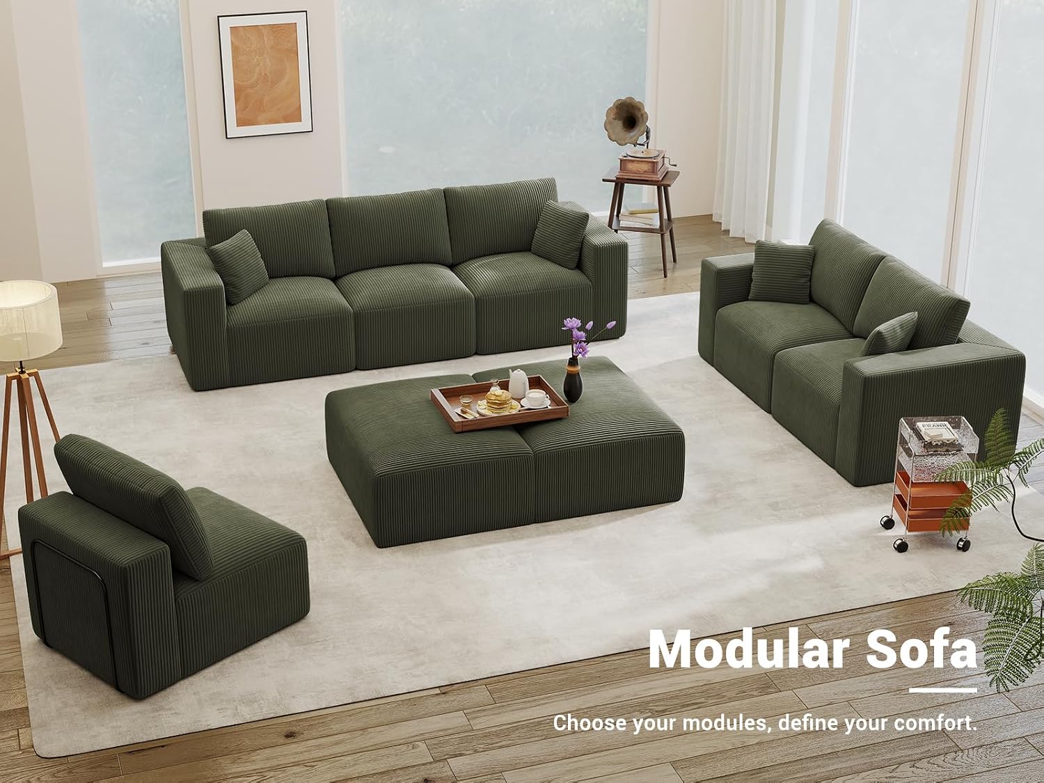 Modern Single Boneless Sofa Couches for Living Room - 39" Cloud Couch - Easy Assembly, Cozy Corduroy Convertible Full Sponge Compression Sofas for House, Apartment(Green)