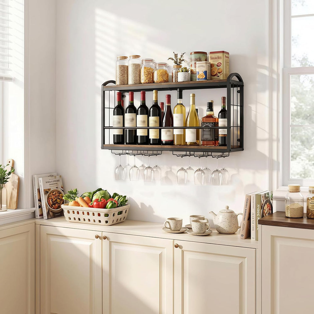 Wall Mounted Wine Rack, Floating Bar Shelf with 2 Tier Wood Shelves and Wine ...