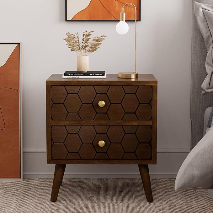 COSIEST Modern End Table w Honeycomb Pattern, Mid-Century Nightstand w Storag...