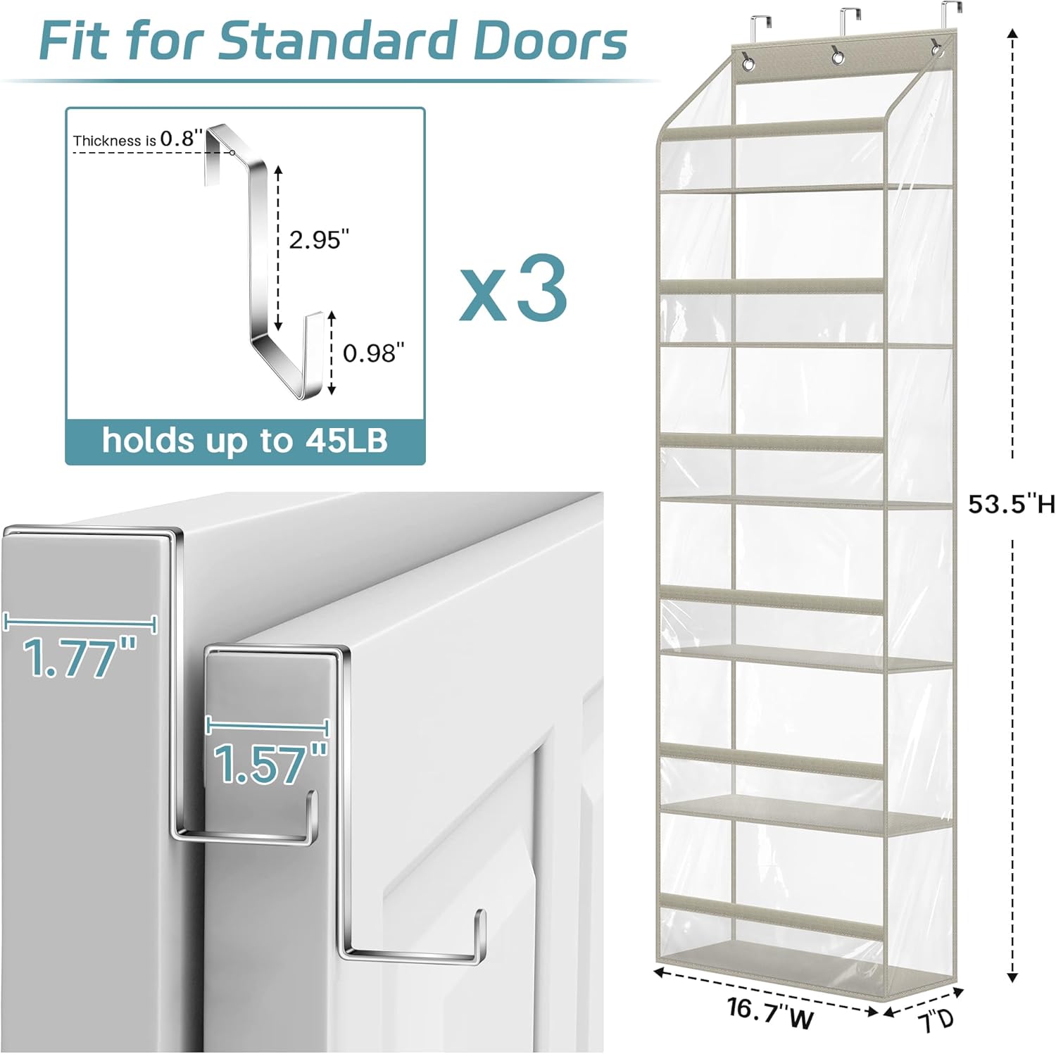 AOODA Clear Over the Door Hat Racks for Baseball Caps, Large Holds up to 72 Caps Hat Storage Organizer for Closet Wall, Deep Pockets Hanging Snapback Holder Shelves with 3 Hooks, Grey