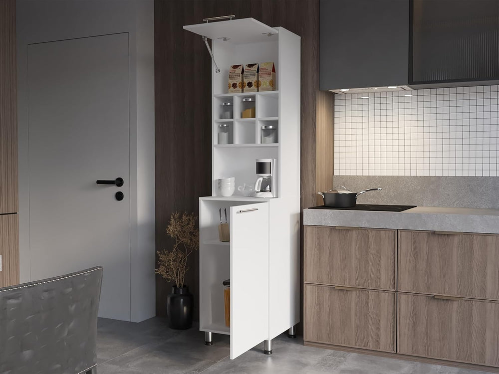 White Kitchen Pantry with Pneumatic Door and Open Storage | Pneumatic door fo...