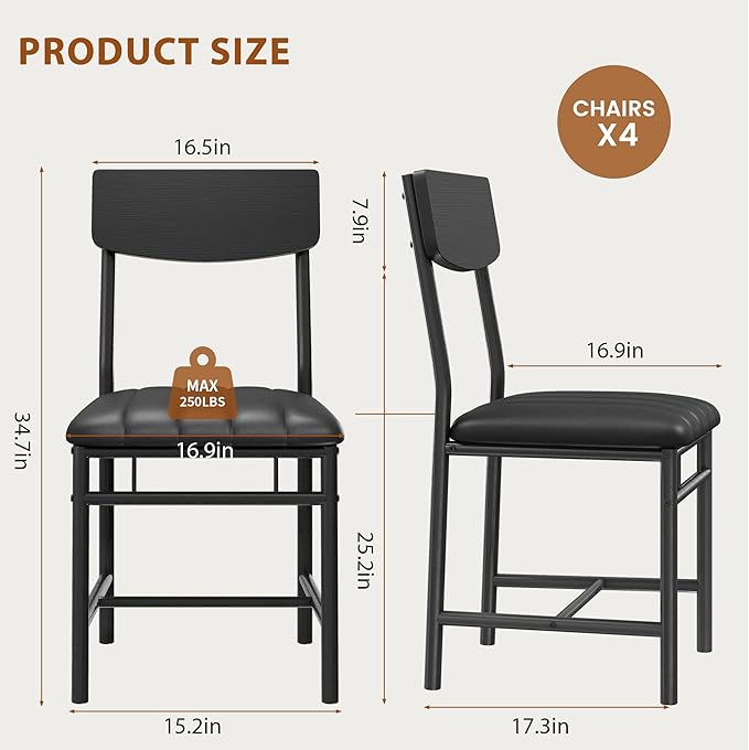 Industrial Dining Chairs Set of 6 - Upholstered Dining Room Chairs with PU Leather, Kitchen Chairs with Wooden Backrest and Thickened Metal Legs, for Dining Room, Living Room (6, Dark Black)