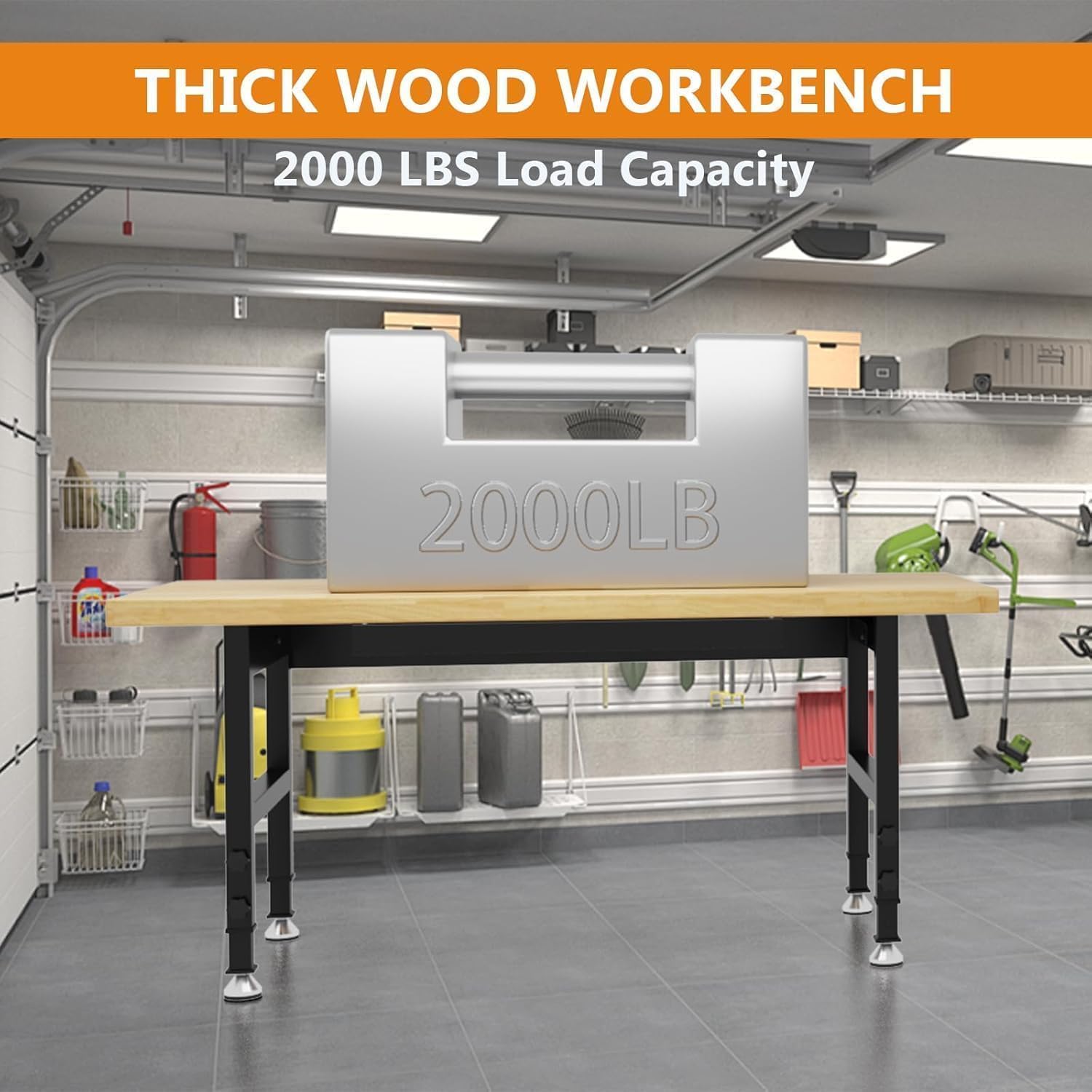 60" Adjustable Height Work Bench, Heavy-Duty Thicker Workbench, 2000 LBS Load Capacity Work Table for Garage, Workshop, Office, Home