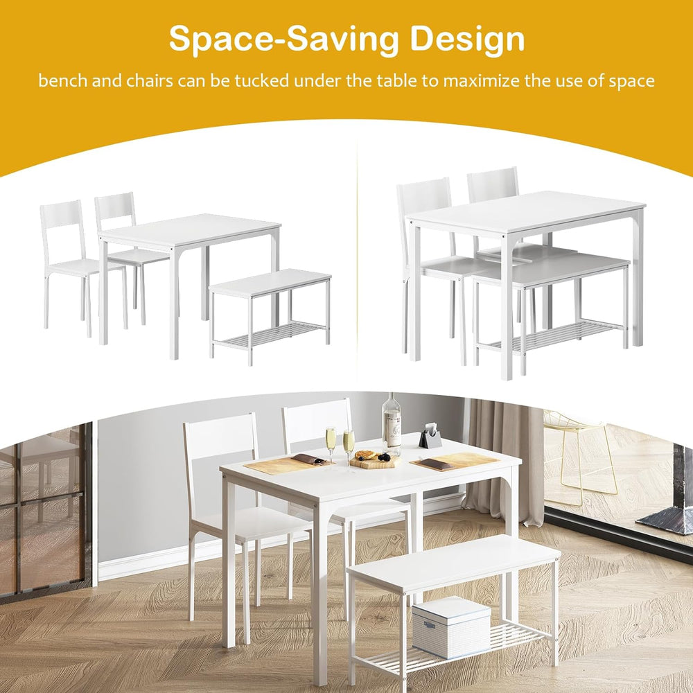 soges 4-Piece Dining Table Set with Bench - 4 Person Kitchen Table and 2 Chai...
