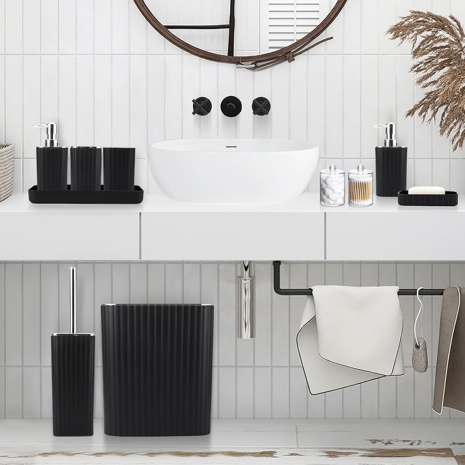 Bathroom Accessories Set - Gorgeous Bathroom Set, 10PC Black Bathroom Accessory Set, Toilet Brush, Trash Can, Qtip Holder Dispenser & Soap Dispenser