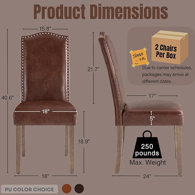 Upholstered Dining Chair Modern Stylish Parsons Kitchen Diner High Back with Silver Nailhead Trim & Wood Legs, Set of 4, PU Leather Light Brown
