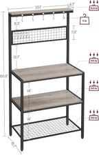 VASAGLE Bakers Rack, Coffee Bar, Kitchen Storage Shelf Rack with 10 Hooks, 3 Shelves, Adjustable Feet, for Microwave Oven, 15.7 x 33.1 x 66.9 Inches, Industrial, Greige and Black UKKS017B02