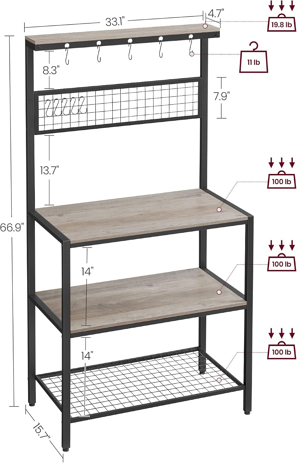 VASAGLE Bakers Rack, Coffee Bar, Kitchen Storage Shelf Rack with 10 Hooks, 3 Shelves, Adjustable Feet, for Microwave Oven, 15.7 x 33.1 x 66.9 Inches, Industrial, Greige and Black UKKS017B02