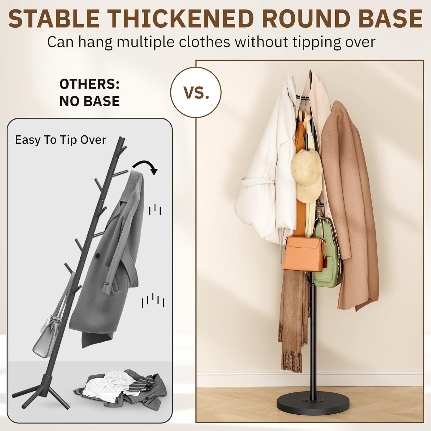 MISSLO Heavy Duty Coat Rack Freestanding with Stable Wood Base Metal Coat Tree Adjustable Coats Hanger Stand with 6 Hooks Clothes Tree for Jackets, Hats, Bags Standing Purse Rack for Bedroom, Office