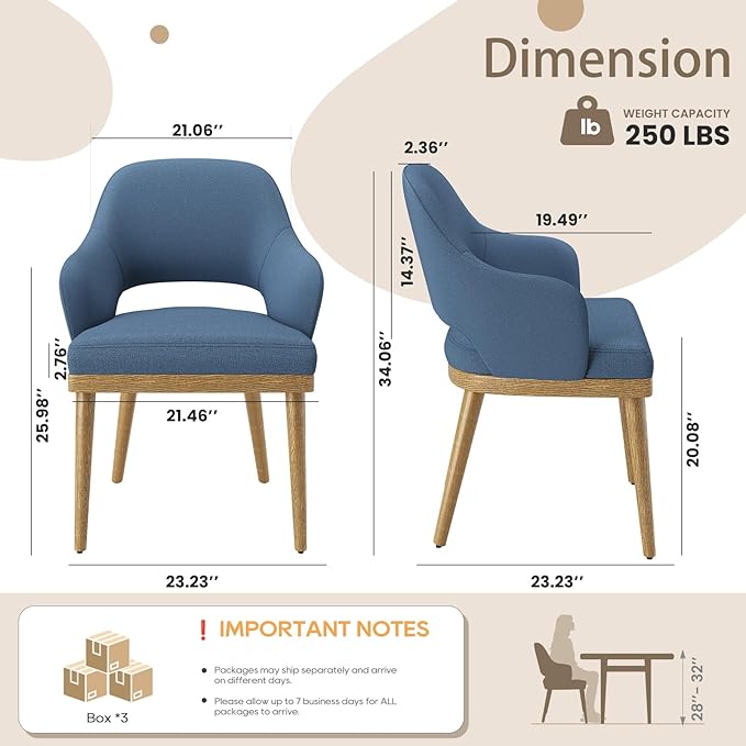 Wooden Dining Chairs Set of 6, Modern Fabric Upholstered Dining Room Chair, Kitchen Side Chairs, Farmhouse Dinner Chair with Open Back for Kitchen, Blue
