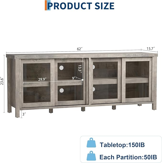 GAOMON TV Stand for 65" with Entertainment Center, Storage Cabinet, 4 Sliding Glass Doors, Mid Century Modern Media TV Console Table for Living Room Bedroom, Grey